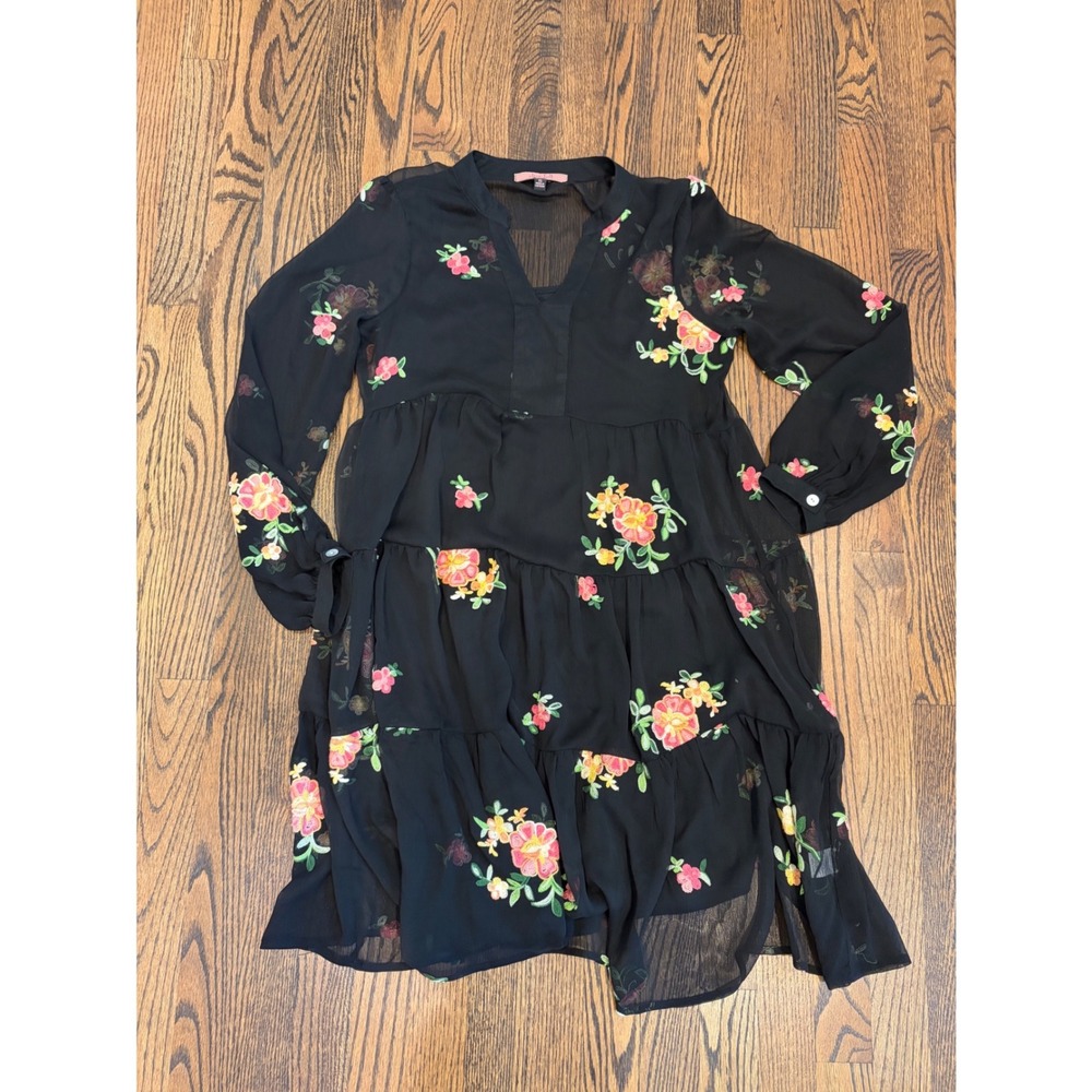 Olive Hill Dress Small Black Whimsigoth Embroidered Floral Tiered Mini Boho